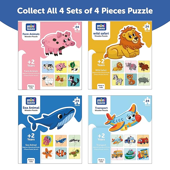 Mini Leaves 4 Piece Wooden Puzzle for Kids | Set of 6 Farm Animals Jigsaw Puzzle | Puzzles for Kids | Educational Puzzle Game