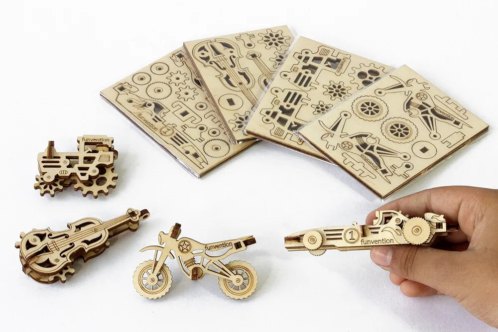 Funvention- for Little Scientist in Every Kid Fun Models DIY Miniature Mechanical Self Assembly Wooden Models- Set of 4