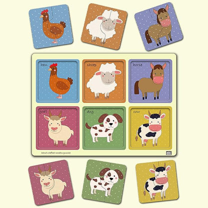 Mini Leaves 2 Piece Puzzle for Kids | Farm Animals Jigsaw Puzzle | Set of 6 Wooden Puzzles for Kids | Educational Toys for Kids