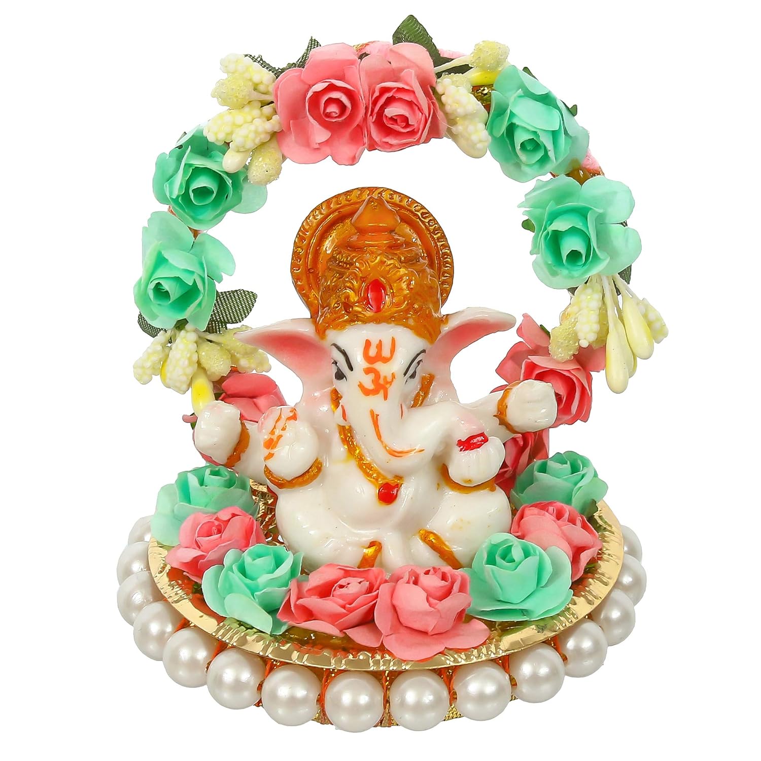 Ecraftindia Lord Ganesha Idol on Decorative Handcrafted Plate With Throne of Pink and Green Flowers