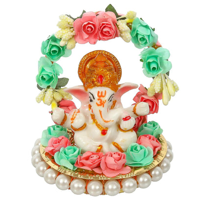 Ecraftindia Lord Ganesha Idol on Decorative Handcrafted Plate With Throne of Pink and Green Flowers