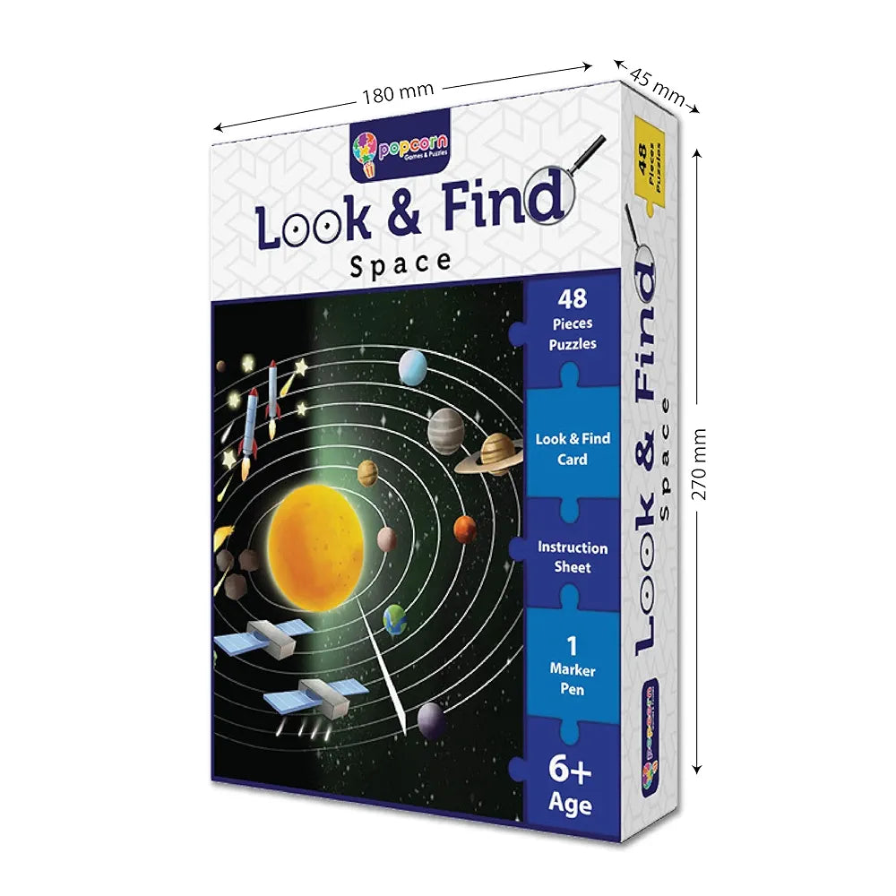 Popcorn Games & Puzzles Look and Find Space 48 Piece Puzzle with 1 Marker for 5 to 8 Years Old Children|Embark On an Interplanetary Puzzle Adventure