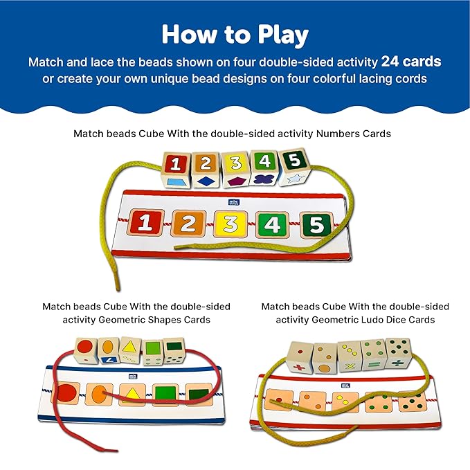 Mini Leaves Wooden Lacing Activity for Kids | Wooden Block Toys Includes 10 Wooden Blocks | 4 Colourful Laces and 24 Activity Cards