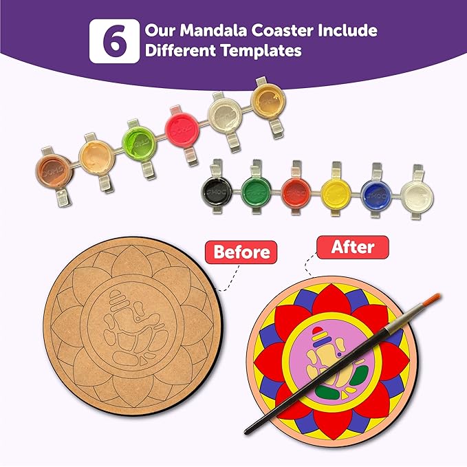 Mini Leaves Wooden Mandala Painting Kit Tea Coasters Rangoli Art and Craft Kit for Girls Boys 9-12 Years Coaster DIY Kit | Set of 6