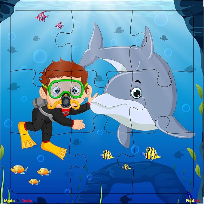 Fiddlys Wood Jigsaw Puzzles for Kids & Children - 9 Pieces | Sea | Pack of 4 | Age 3+