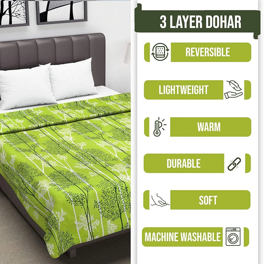 Divine Casa Glace Cotton 120 GSM Reversible Lightweight Printed Single Bed AC Dohar Blanket Quilt Colour Green and Dark Green TC - 120