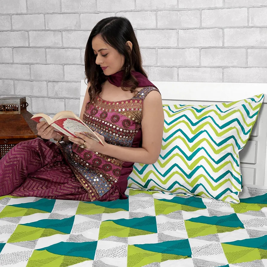 Divine Casa 144 TC 100% Cotton Double Bedsheet with 2 Pillow Covers Floral Pattern Colour Sky Blue & Lemon
