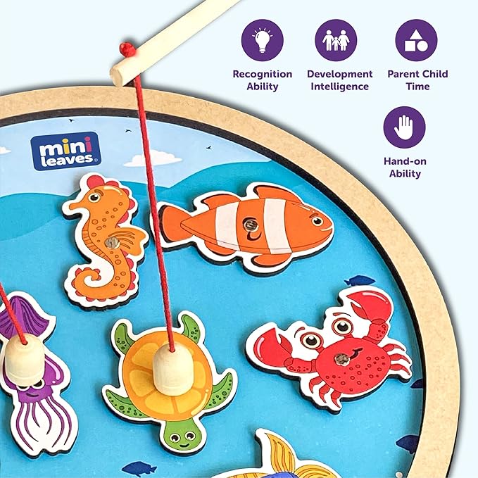 Mini Leaves Fishing Tray Wooden Round Fish Catching Tray Magnetic Fishing Game for Kids Fishing Toy Educational Toys | 10 Pieces