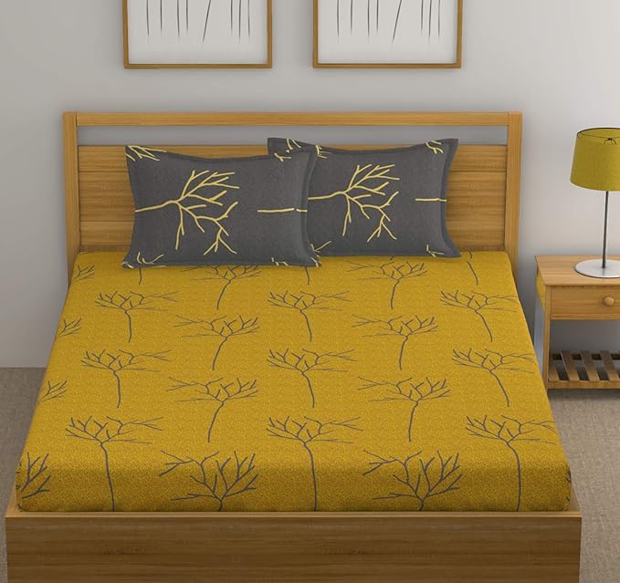 Huesland by Ahmedabad Cotton 144 TC Cotton King Size Bedsheet with 2 Pillow Covers - Yellow and Grey
