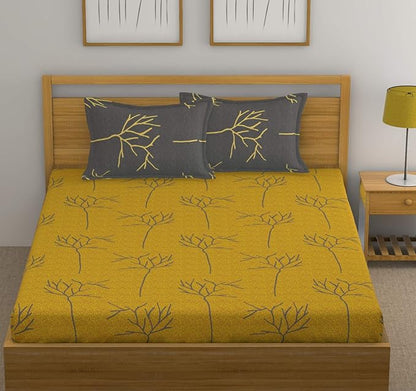 Huesland by Ahmedabad Cotton 144 TC Cotton King Size Bedsheet with 2 Pillow Covers - Yellow and Grey