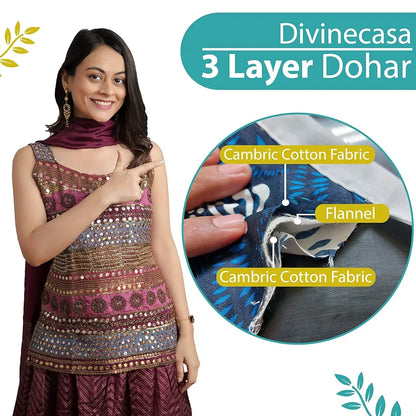 Divine Casa Cambric Cotton Single Bed Dohar 3 Layer dohar with Flannel Inside Reversible Both Sides Usable Blanket TC - 120Aqua Colour Green Angular Shape