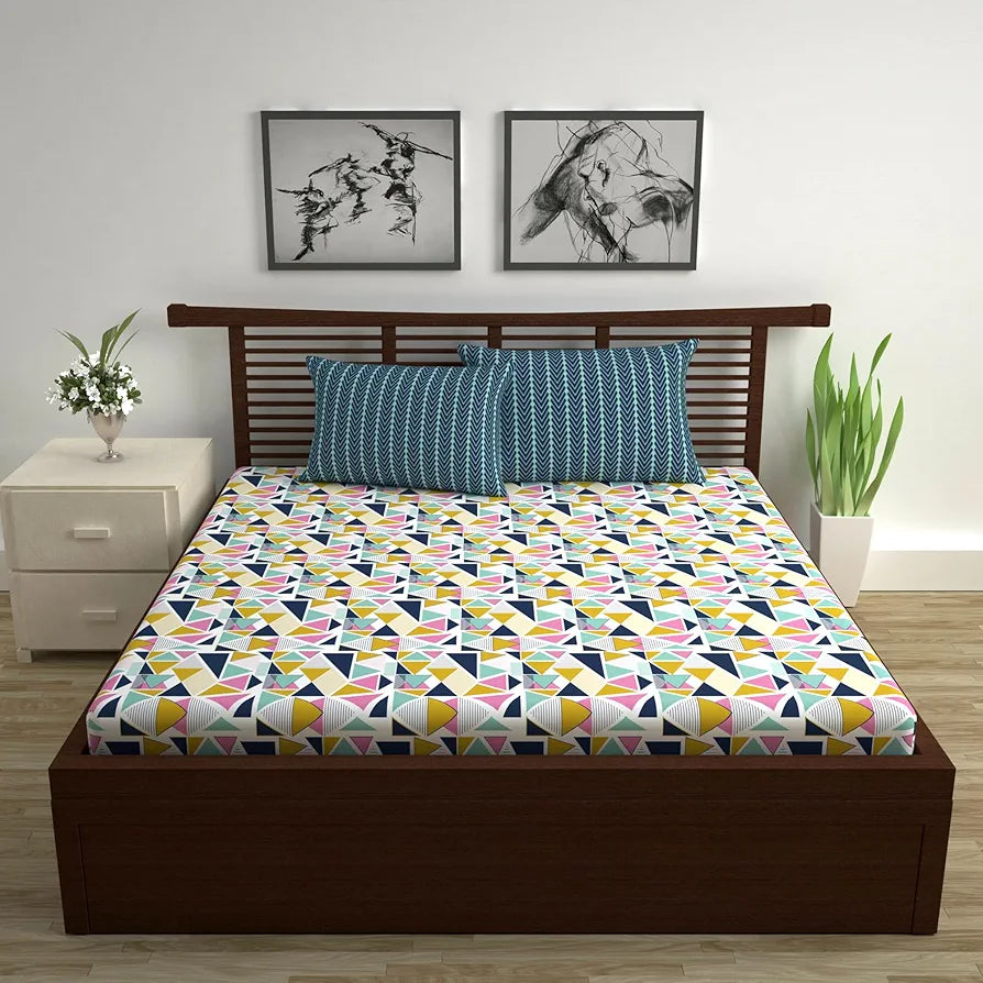 Divine Casa Double Size Bedsheet for Double Bed 144 TC Pure Cotton Queen Size with 2 Pillow Covers Geometric Colour Multicolor