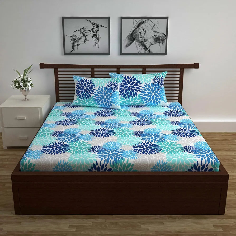 Divine Casa 144 TC Super Soft 100% Cotton Bedsheet for Double Bed  144 Thread Count Floral Colour Blue