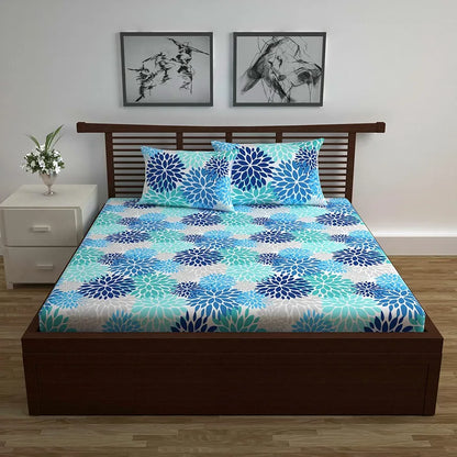 Divine Casa 144 TC Super Soft 100% Cotton Bedsheet for Double Bed  144 Thread Count Floral Colour Blue