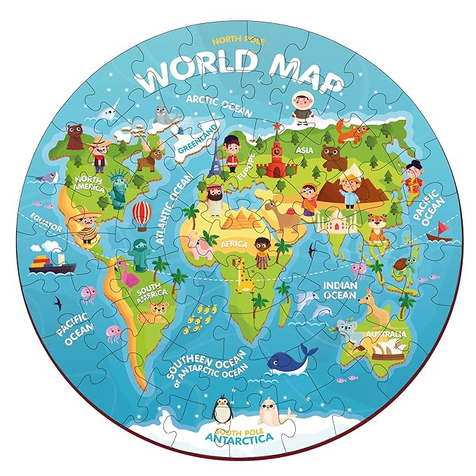 Mini Leaves 72 Piece Wooden Round Puzzle for Kids | World Map Jigsaw Puzzle | Fun & Challenging Wooden Floor Puzzle Game