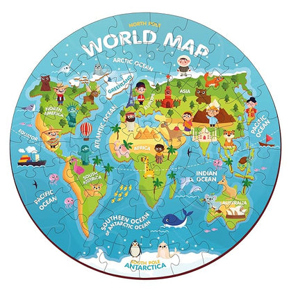 Mini Leaves 72 Piece Wooden Round Puzzle for Kids | World Map Jigsaw Puzzle | Fun & Challenging Wooden Floor Puzzle Game