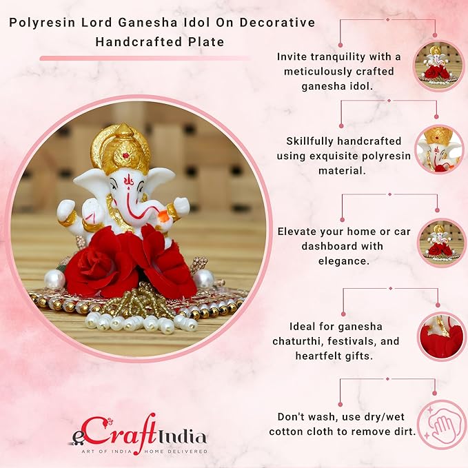 Ecraftindia Resin Lord Ganesha Idol on Decorative Plate | Ganesha Idol for Home Decor Car Dashboard