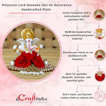 Ecraftindia Resin Lord Ganesha Idol on Decorative Plate | Ganesha Idol for Home Decor Car Dashboard