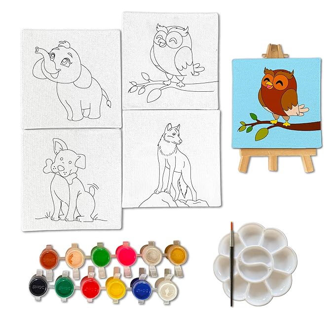Mini Leaves Mini Canvas Craft Art Paint Kit for Beginner With Wooden Easel, Colours, Painting Brush for Girls Boys 4-6 Years Diy Kit | Set of 4- Animal Theme