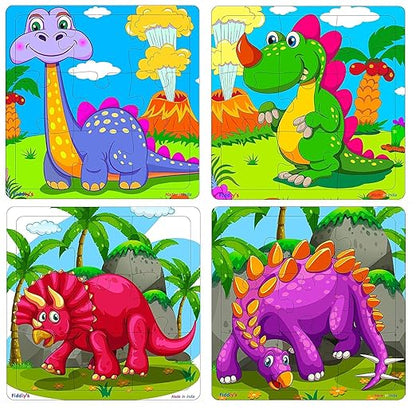 Fiddly's Wood Jigsaw Puzzles for Kids & Children | 9 Pieces | Pack of 12 | Animals+ Dinos+ Sea | Age 3+