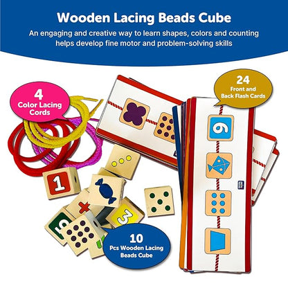 Mini Leaves Wooden Lacing Activity for Kids | Wooden Block Toys Includes 10 Wooden Blocks | 4 Colourful Laces and 24 Activity Cards