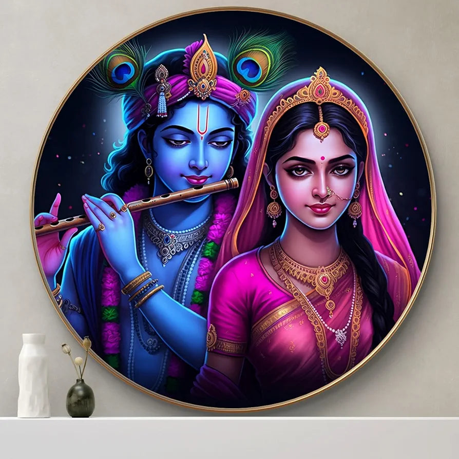 Livin'luxe Paintings Radha Krishna Divine Love Wall Painting with Frame - Sparkle Glossy Round Golden Framed Large GRM-204