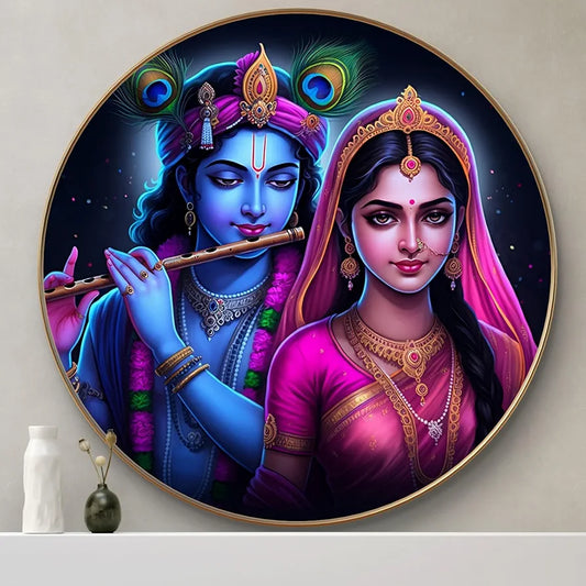 Livin'luxe Paintings Radha Krishna Divine Love Wall Painting with Frame - Sparkle Glossy Round Golden Framed Large GRM-204