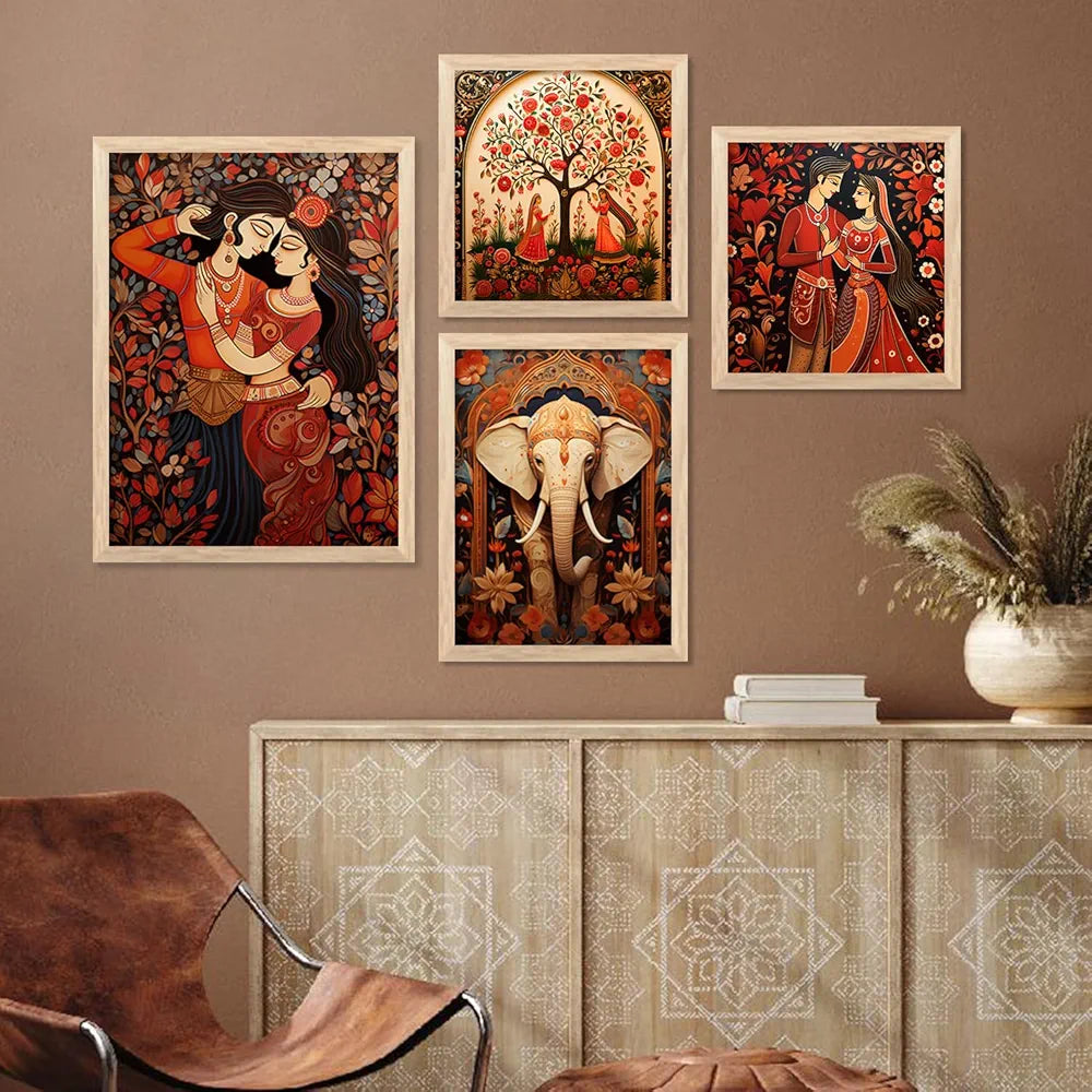 Kotart Traditional Indian Inspired Madhubani Art Paintings with Frame Set of 4 Frames A