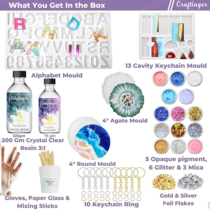 Craftinger Diy Resin Art Kit With 200 Gm Resin and Coaster Alphabet Keychain Making Kit With Pigment Glitter Mica and More | Multicolor