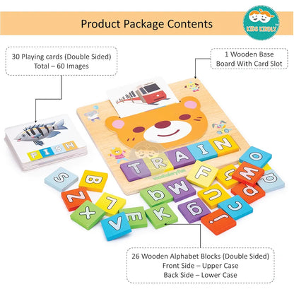 KIDS KINDLY Wooden 2 in 1 Spelling Puzzle Game for Kids Age 3+, Alphabet Learning Toy with Word Cards, Vocabulary Building and Matching Activity, Wooden Educational Games for 3 to 5 Years Boys & Girls