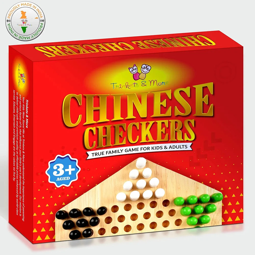 Trinkets & More - Wooden Chinese Checkers Hexagon with Wooden Marbles Board Games Superb Family Game Perfect Adults and Kids Gift Fun Toys 3+ Years 