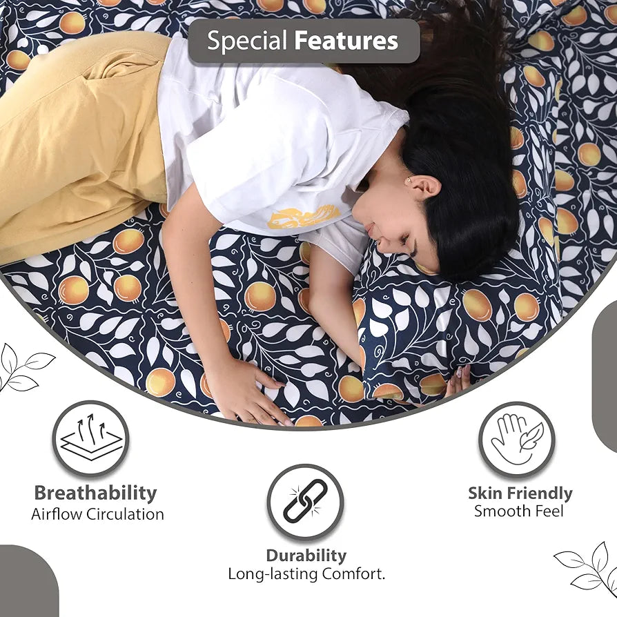 Divine Casa Double Size Bedsheet for Double Bed 144 TC Pure Cotton Queen Size with 2 Pillow Covers Floral Colour Navy & Orange