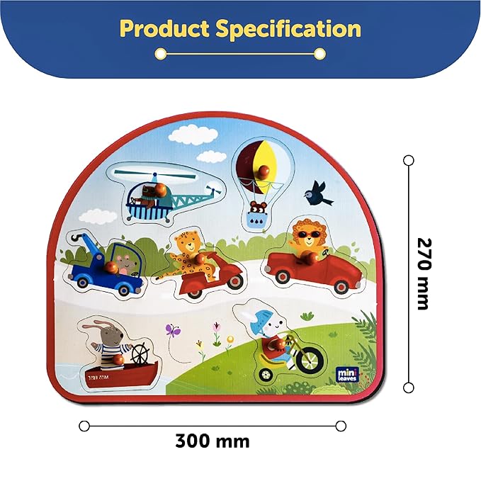 Mini Leaves Vehicles on the Go Wooden Pegged Puzzle for 2+ Years Kids | Montessori Wooden Toys | Shape Sorter