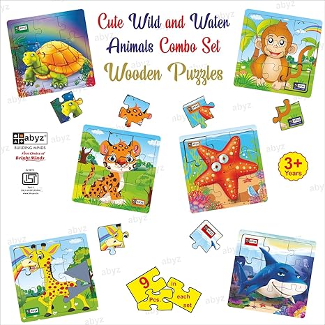 ABYZ Wooden Animal and Under Water Animal Tiger+Monkey+Giraffe+Turtle+Shark+Starfish Puzzle - 9 Pieces (Set of 6)