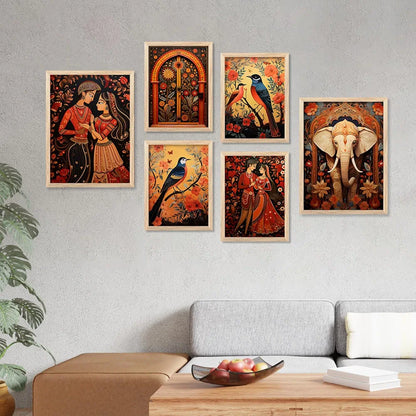 Kotart Madhubani Art Paintings with Frame Traditional Framed Painting Pack of 6