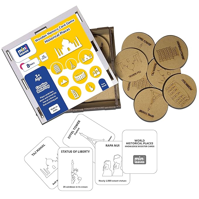 Mini Leaves Wooden Memory Card Game for 3+ 8 Wonders of the World With Wooden Box Multipurpose Game Pattern