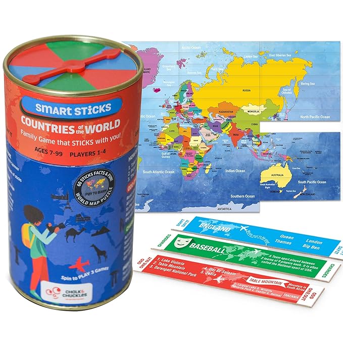 Chalk and Chuckles Smart Sticks Countries of the World Games for Kids | Fun Educational Toys | Card Game | Map Puzzle