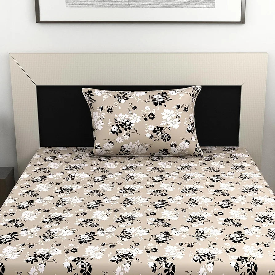 Divine Casa Bedsheet for Single Size Bed 144 TC Cotton Bedsheet for Single Size Bed with 1 Pillow Cover  Floral Colour Beige Sunflower