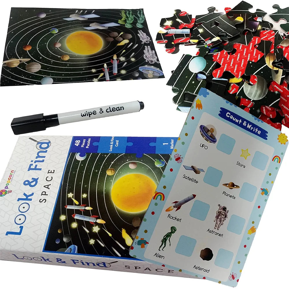 Popcorn Games & Puzzles Look and Find Space 48 Piece Puzzle with 1 Marker for 5 to 8 Years Old Children|Embark On an Interplanetary Puzzle Adventure