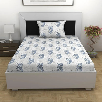 Divine Casa Bedsheet for Single Size Bed 144 TC Cotton Bedsheet for Single Size Bed with 1 Pillow Cover  Floral Colour Grey Blue