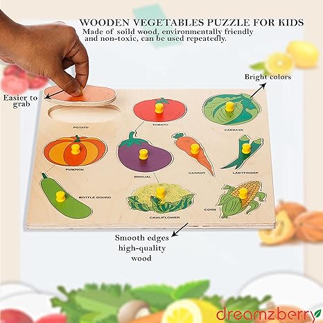 Dreamzberry Wooden Puzzles for Kids Colorful Vegetable Shape Kids Puzzle with Wooden Knob Educational Learning
