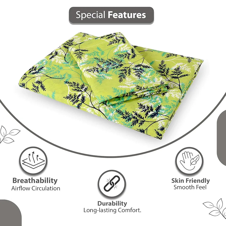 Divine Casa 144 TC 100% Cotton Single Bedsheet with 1 Pillow Cover Floral Pattern Colour Lime Breeze Fresh Green