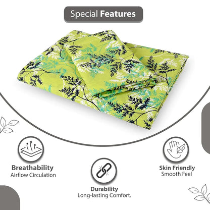 Divine Casa 144 TC 100% Cotton Single Bedsheet with 1 Pillow Cover Floral Pattern Colour Lime Breeze Fresh Green