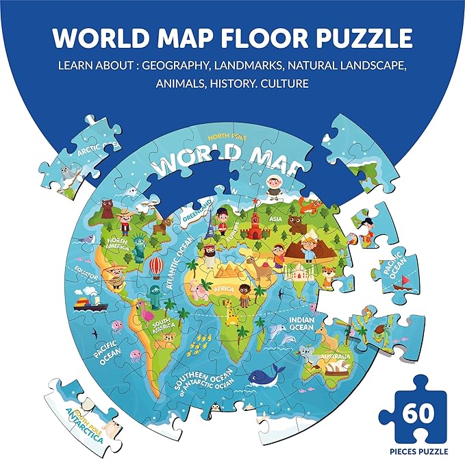 Mini Leaves 72 Piece Wooden Round Puzzle for Kids | World Map Jigsaw Puzzle | Fun & Challenging Wooden Floor Puzzle Game