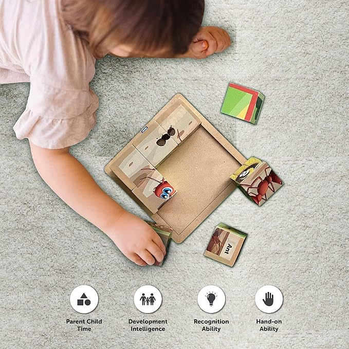 Mini Leaves 6 in 1 Insects Animals Wooden Cube Puzzle for Kids 3+ Years | Wooden Blocks 6 Sides With 6 Animal With Storage Tray