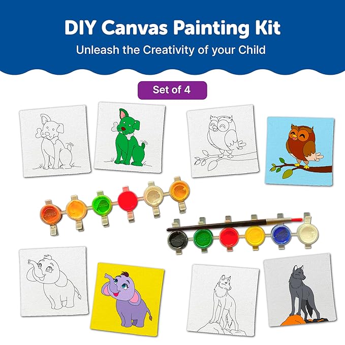 Mini Leaves Mini Canvas Craft Art Paint Kit for Beginner With Wooden Easel, Colours, Painting Brush for Girls Boys 4-6 Years Diy Kit | Set of 4- Animal Theme