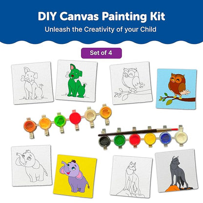 Mini Leaves Mini Canvas Craft Art Paint Kit for Beginner With Wooden Easel, Colours, Painting Brush for Girls Boys 4-6 Years Diy Kit | Set of 4- Animal Theme