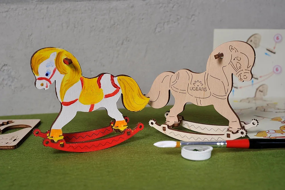 UGEARS Horse Swing - 3D Wooden Animal Jigsaw Puzzle - Coloring Kit - STEAM Learning Brain Game - Art, Coloring & Painting Game - DIY Kit for Kids 5+