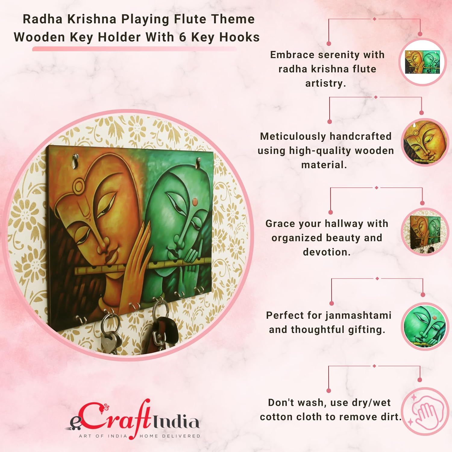 Ecraftindia Radhe Krishna Theme Wooden Key Holder With 6 Hooks