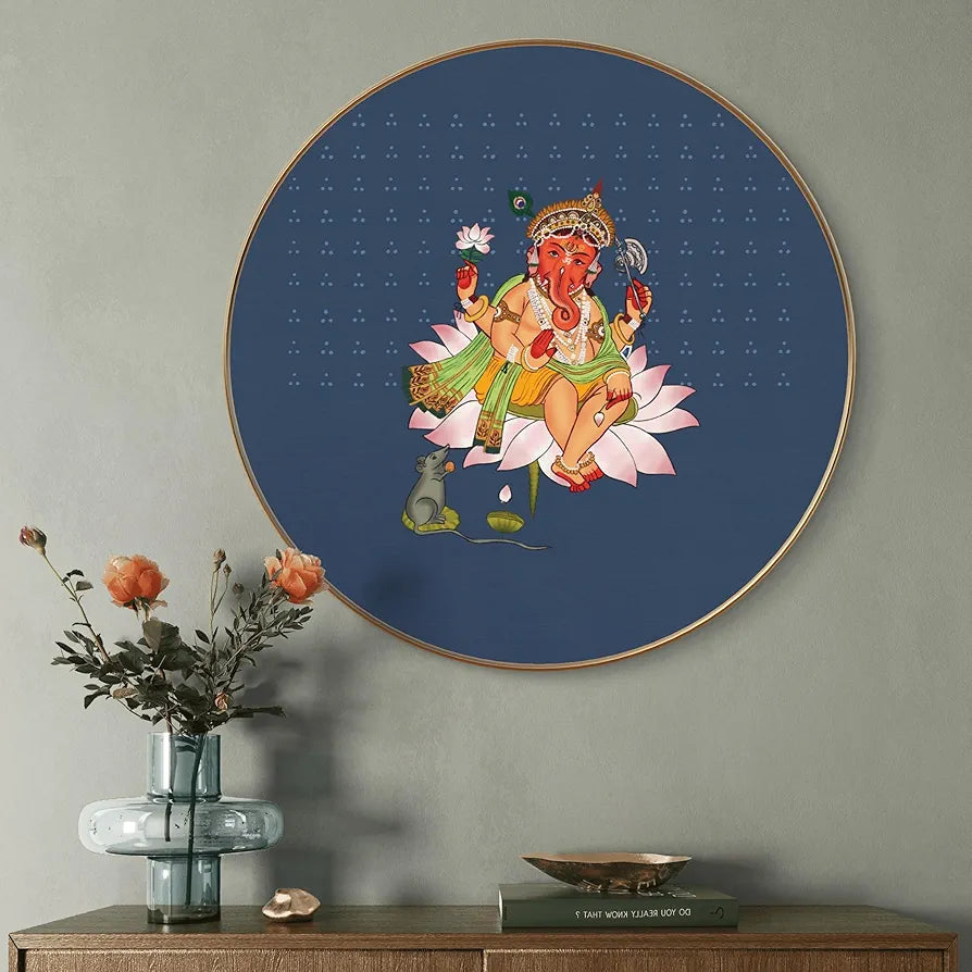 Livin'luxe Paintings Lord Ganesha on Lotus Wall Painting with Frame - Sparkle Glossy Round Golden Framed Large GRM-213